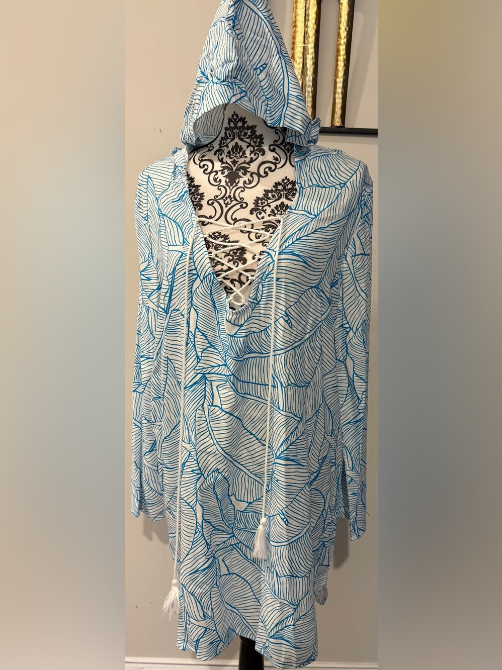 Charlie Holiday Blue and White Leaf-Print Hooded Swim Coverup